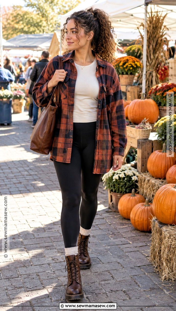Curly Hair Fall Outfit With Flannel Shirt and Leggings - 20 Curly Hair Outfits Fall