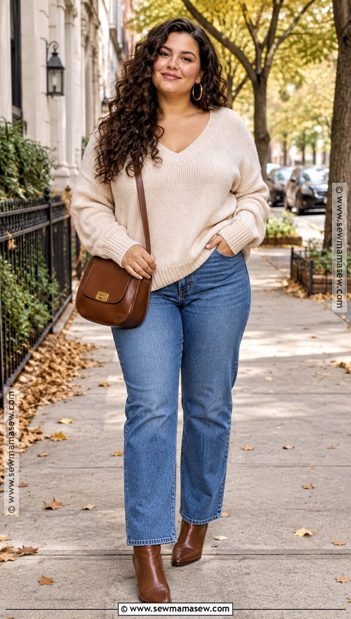 Curly Hair Fall Outfit With Oversized Sweater and Jeans - 20 Curly Hair Outfits Fall