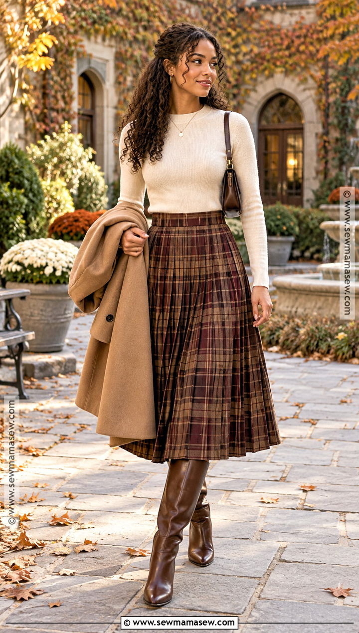 Curly Hair Fall Outfit With Plaid Skirt and Knee High Boots - 20 Curly Hair Outfits Fall