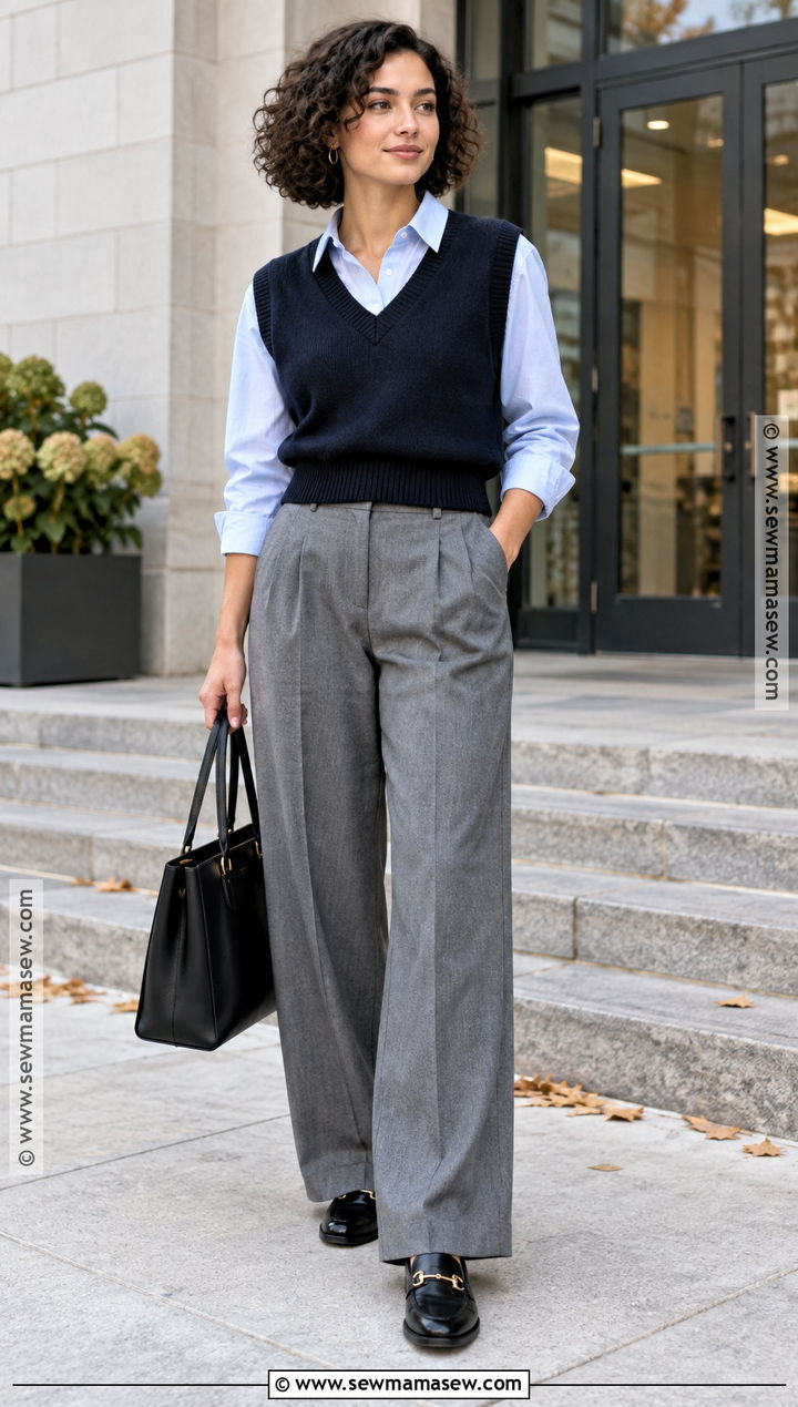 Curly Hair Fall Outfit With Sweater Vest and Trousers - 20 Curly Hair Outfits Fall