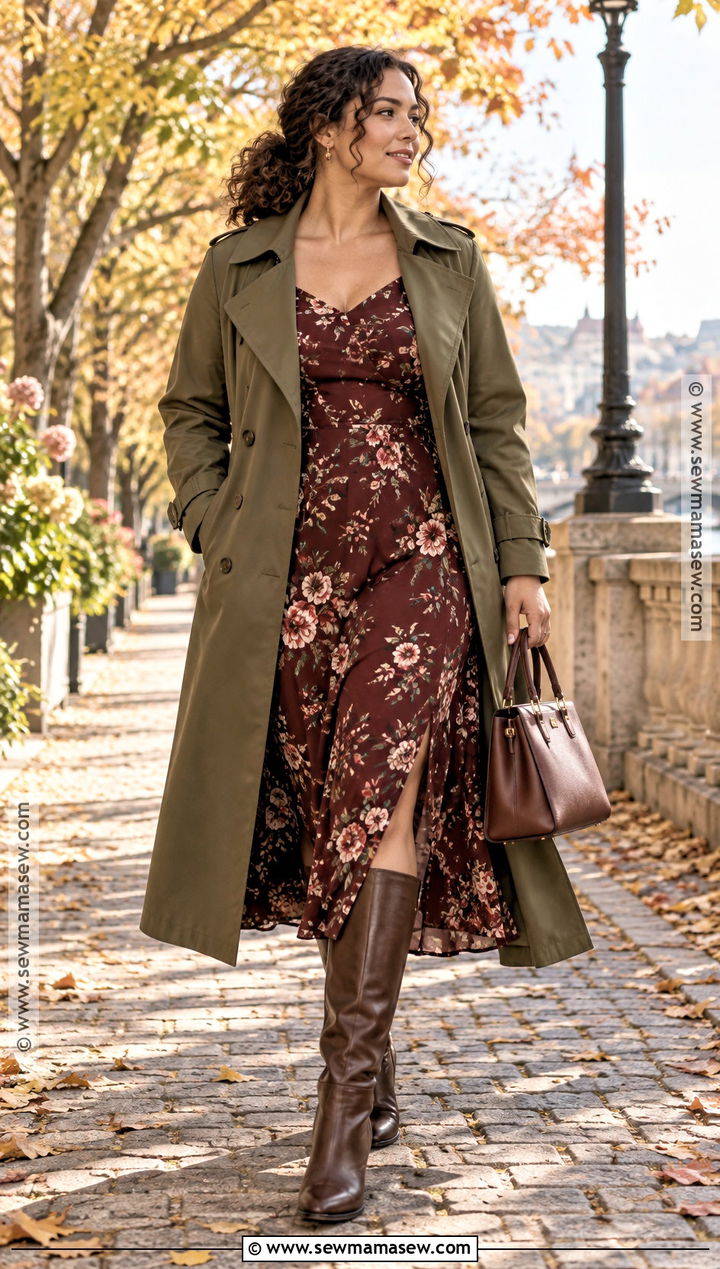 Curly Hair Fall Outfit With Trench Coat and Midi Dress - 20 Curly Hair Outfits Fall