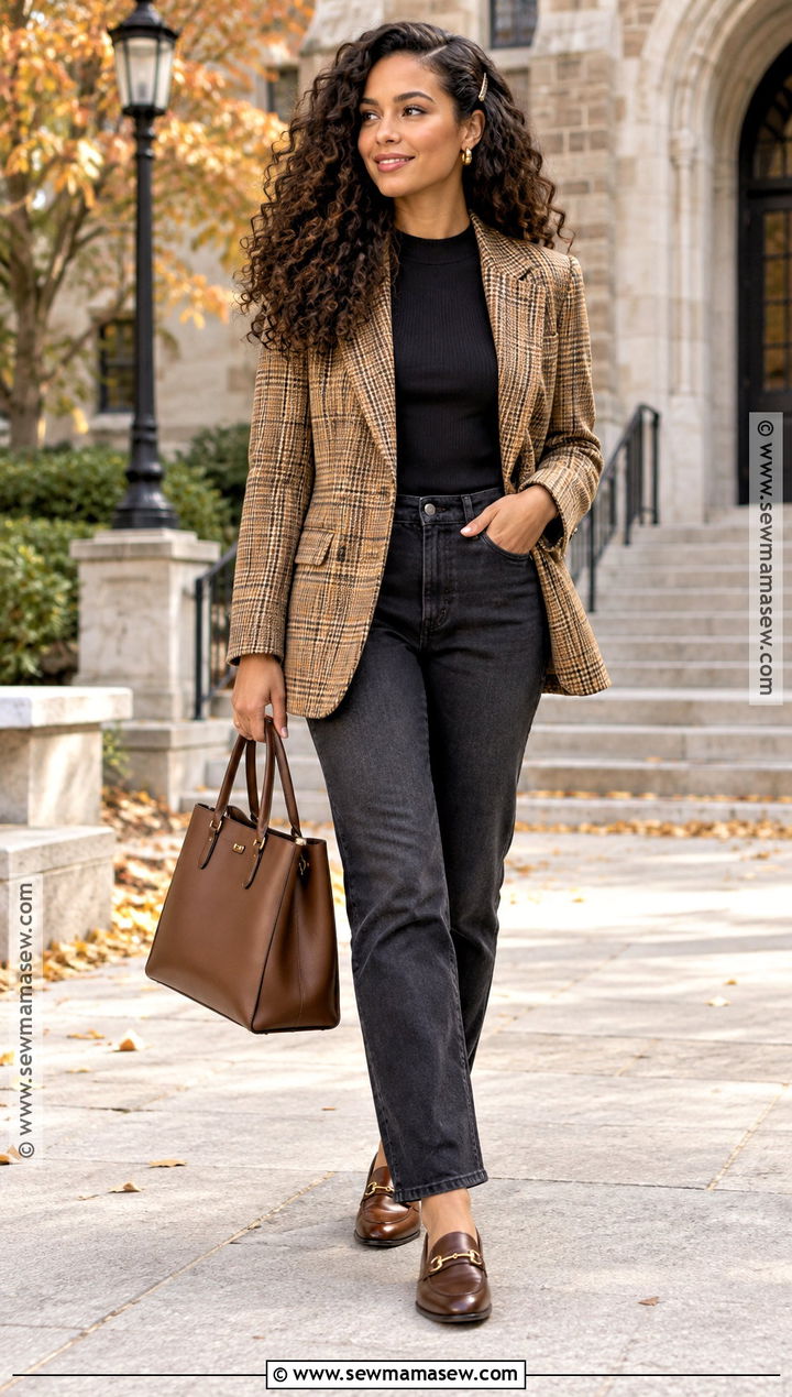 Curly Hair Plaid Blazer Fall Outfit - 20 Curly Hair Fall Outfits