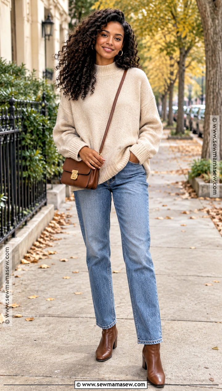 Curly Hair Sweater and Jeans Fall Outfit - 20 Curly Hair Fall Outfits