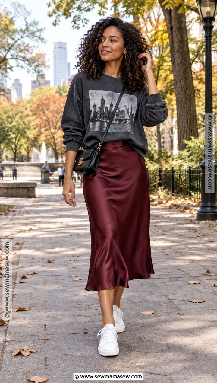 Curly Hair Sweatshirt and Midi Skirt Fall Outfit - 20 Curly Hair Fall Outfits