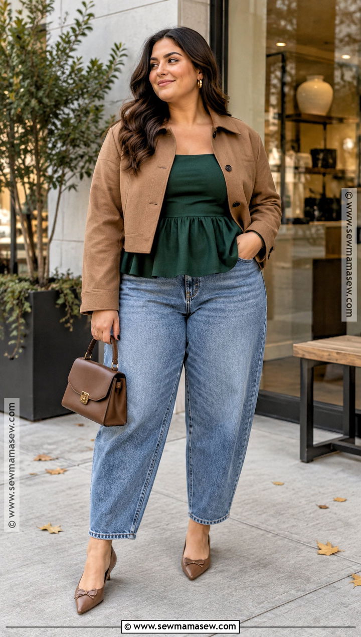 Curve Peplum Top And Barrel Jeans Outfit - 20 Curve Fall Outfits