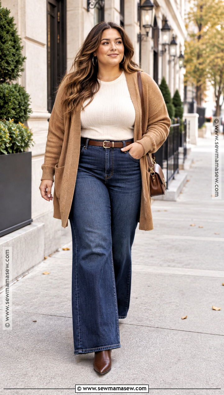 Curve Wide Leg Jeans And Cardigan Outfit - 20 Curve Fall Outfits