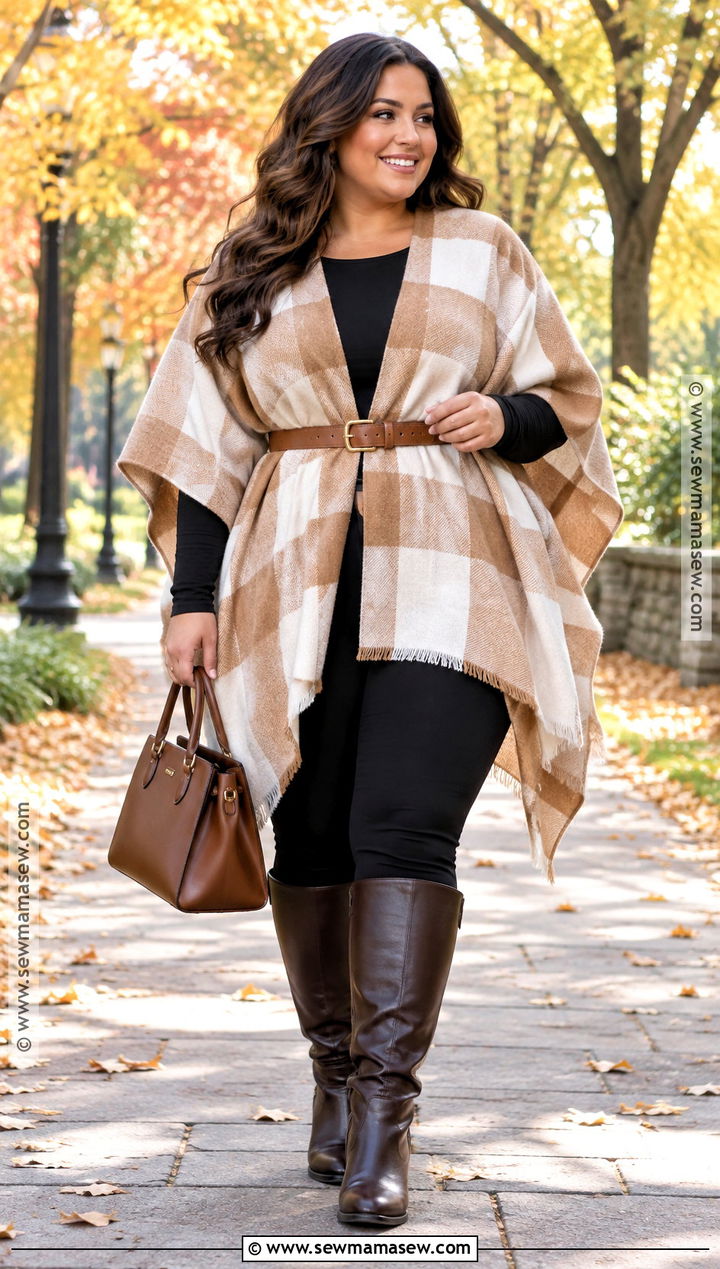 Curvy Belted Poncho And Leggings Outfit - 20 fall curvy outfits