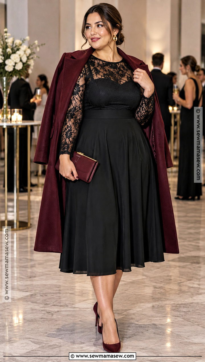 Curvy Black Lace Sleeve Cocktail Dress Outfit - 15 Curvy Dress Wedding Guest Fall Ideas