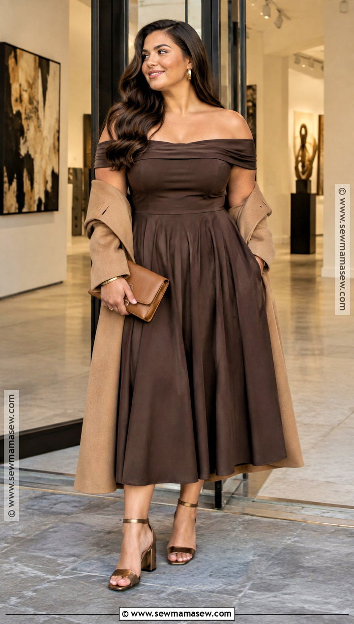 Curvy Chocolate Brown Off Shoulder Midi Dress Outfit - 15 Curvy Dress Wedding Guest Fall Ideas