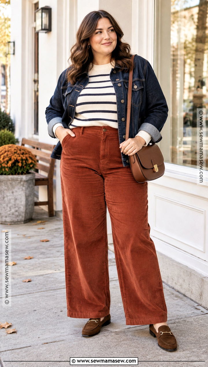 Curvy Corduroy Pants And Striped Sweater Outfit - 20 Autumn Curvy Outfits