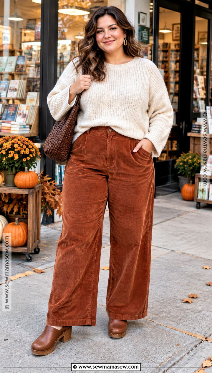 Curvy Corduroy Pants And Sweater Outfit - 20 fall curvy outfits