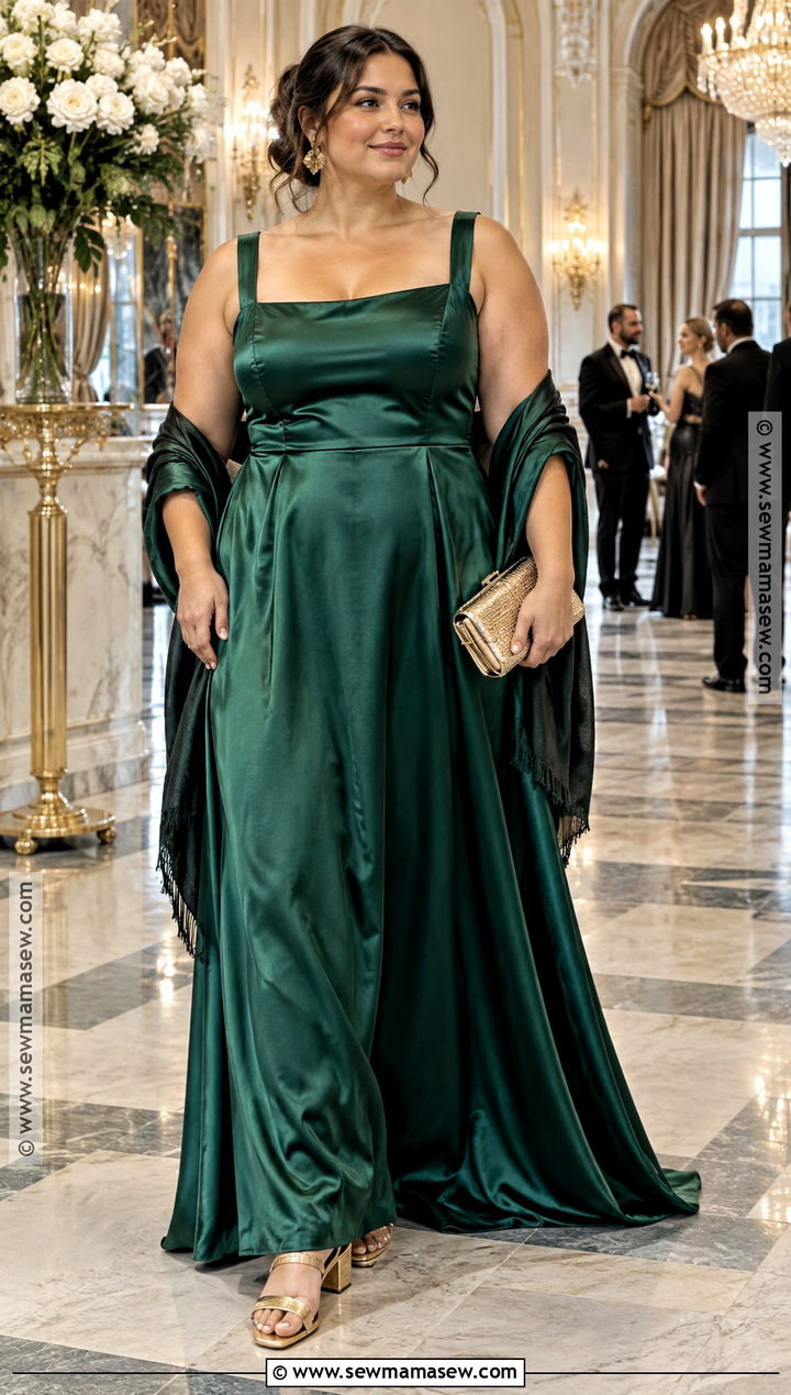 Curvy Emerald Satin Maxi Dress Outfit - 15 Curvy Dress Wedding Guest Fall Ideas