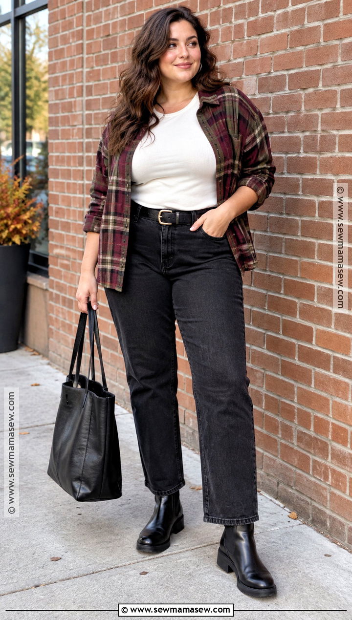 Curvy Fall Black Jeans And Plaid Shirt Outfit - 20 curvy casual outfits fall