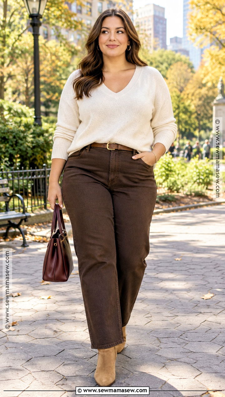 Curvy Fall Brown Jeans And Cream Sweater Outfit - 20 curvy casual outfits fall