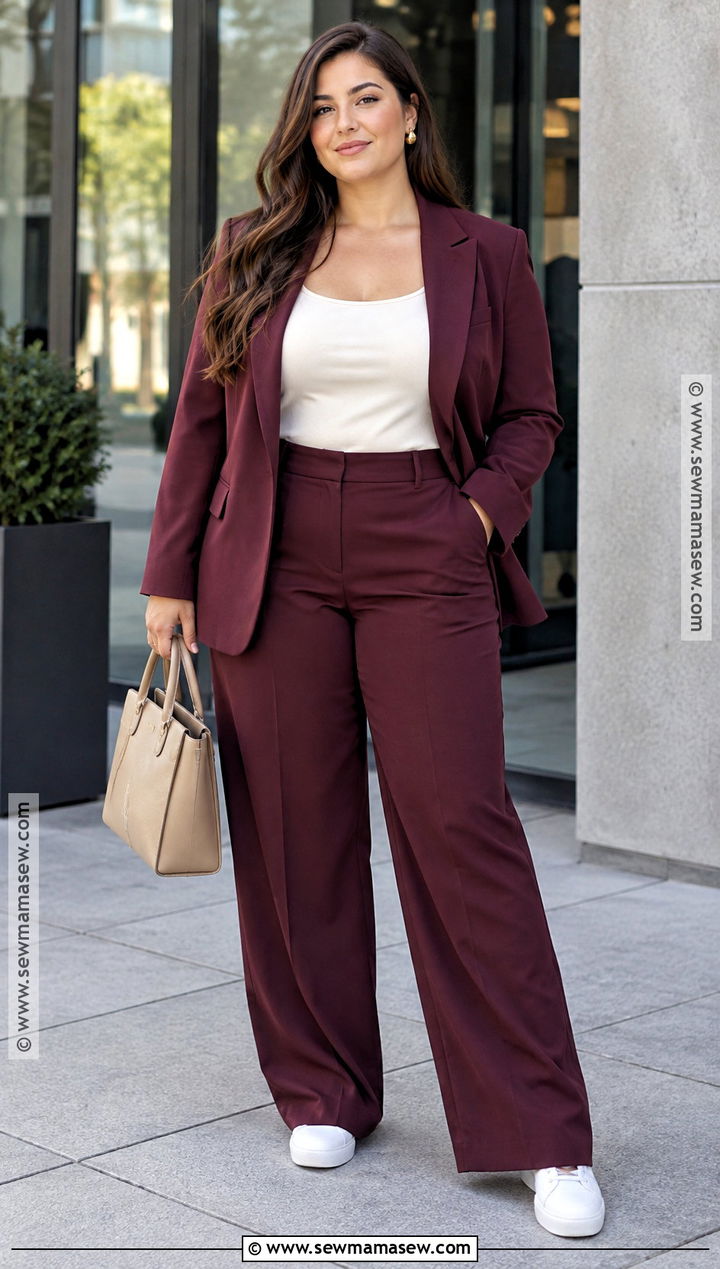 Curvy Fall Burgundy Suit Outfit With Sneakers - 15 fall fashion ideas for curvy women