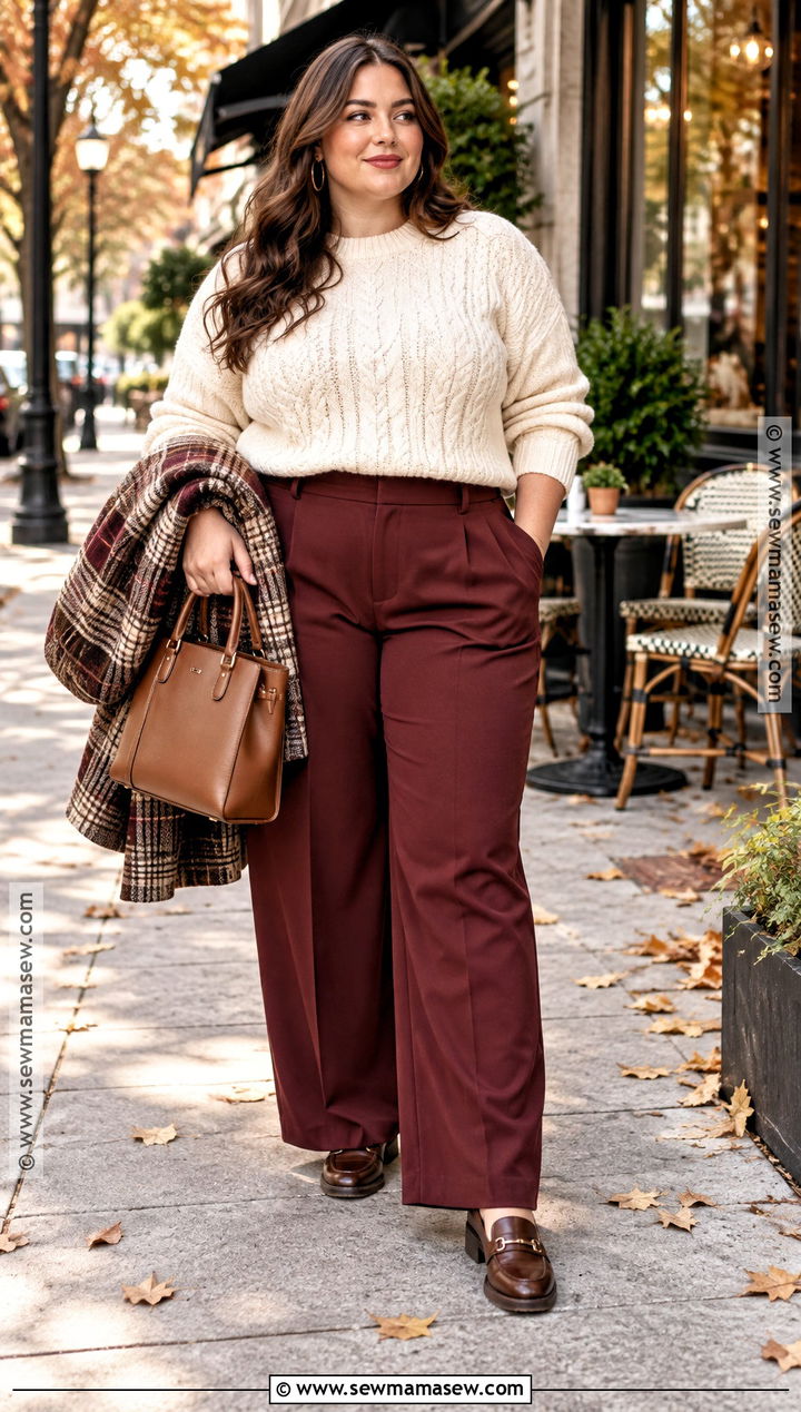 Curvy Fall Burgundy Trousers and Cream Sweater Outfit - 25 curvy fall outfits