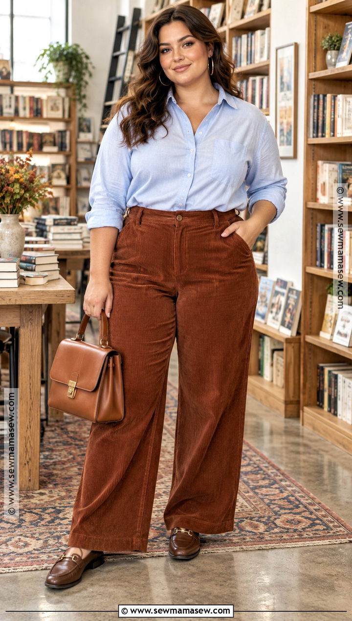 Curvy Fall Button Down Shirt And Corduroy Pants Outfit - 15 Fall Style Curvy Ideas