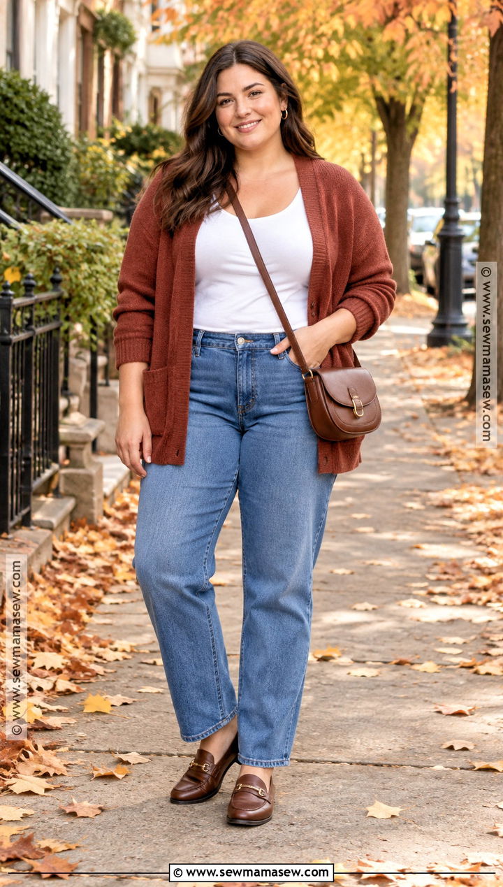 Curvy Fall Cardigan And Straight Leg Jeans Outfit - 20 Curvy Outfits Fall