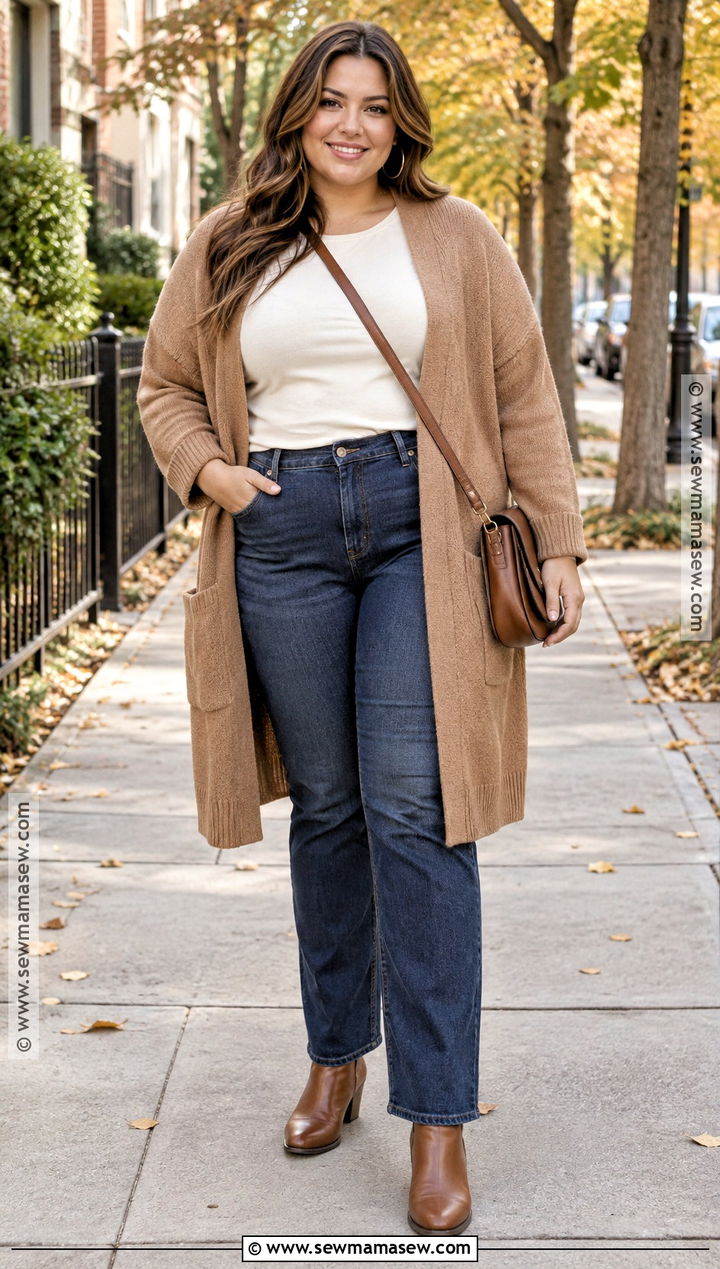 Curvy Fall Cardigan And Straight Leg Jeans Outfit - 15 Fall Style Curvy Ideas