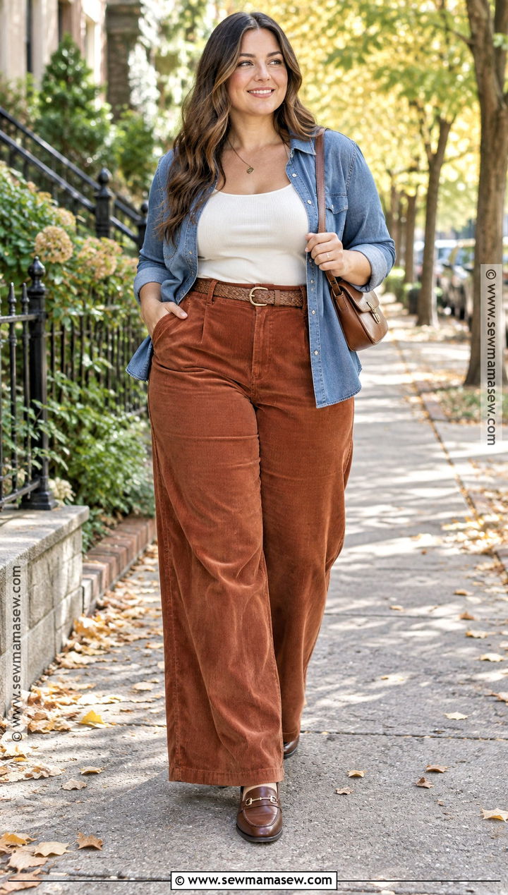 Curvy Fall Corduroy Pants And Denim Shirt Outfit - 20 curvy casual outfits fall