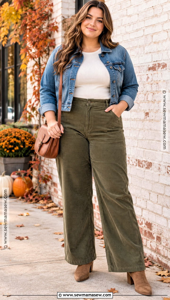 Curvy Fall Corduroy Pants and Denim Jacket Outfit - 25 curvy fall outfits