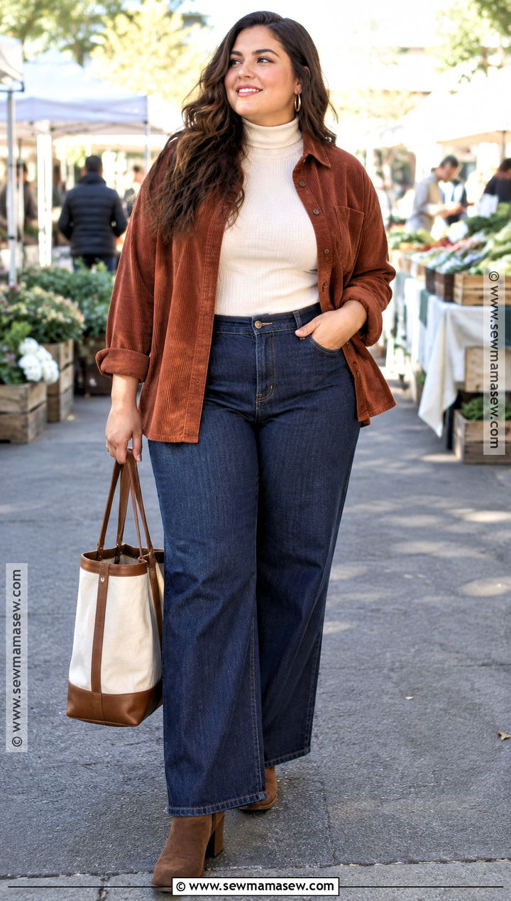 Curvy Fall Corduroy Shirt Outfit With Dark Denim - 15 fall fashion ideas for curvy women