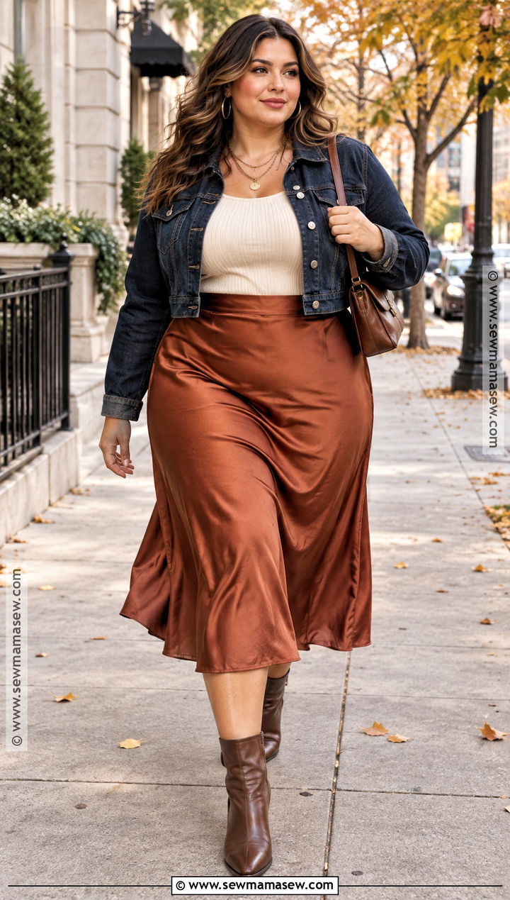 Curvy Fall Denim Jacket And Midi Skirt Outfit - 15 Fall Style Curvy Ideas