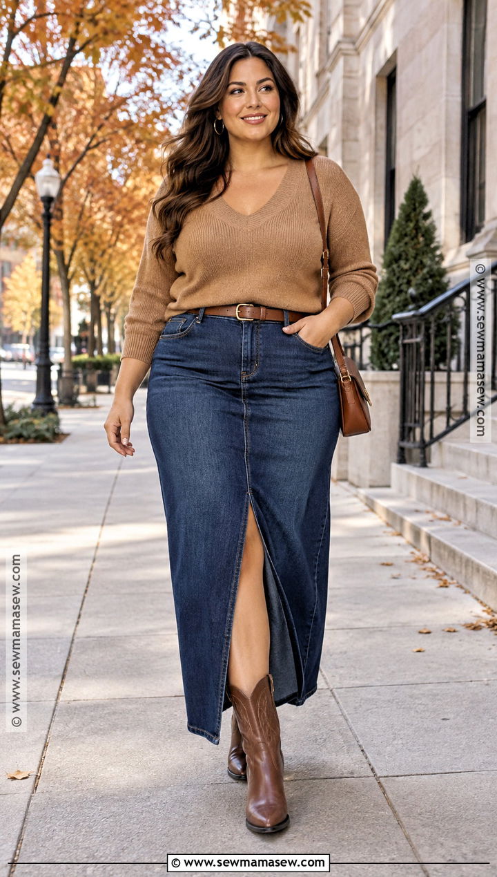 Curvy Fall Denim Maxi Skirt and Sweater Outfit - 25 curvy fall outfits