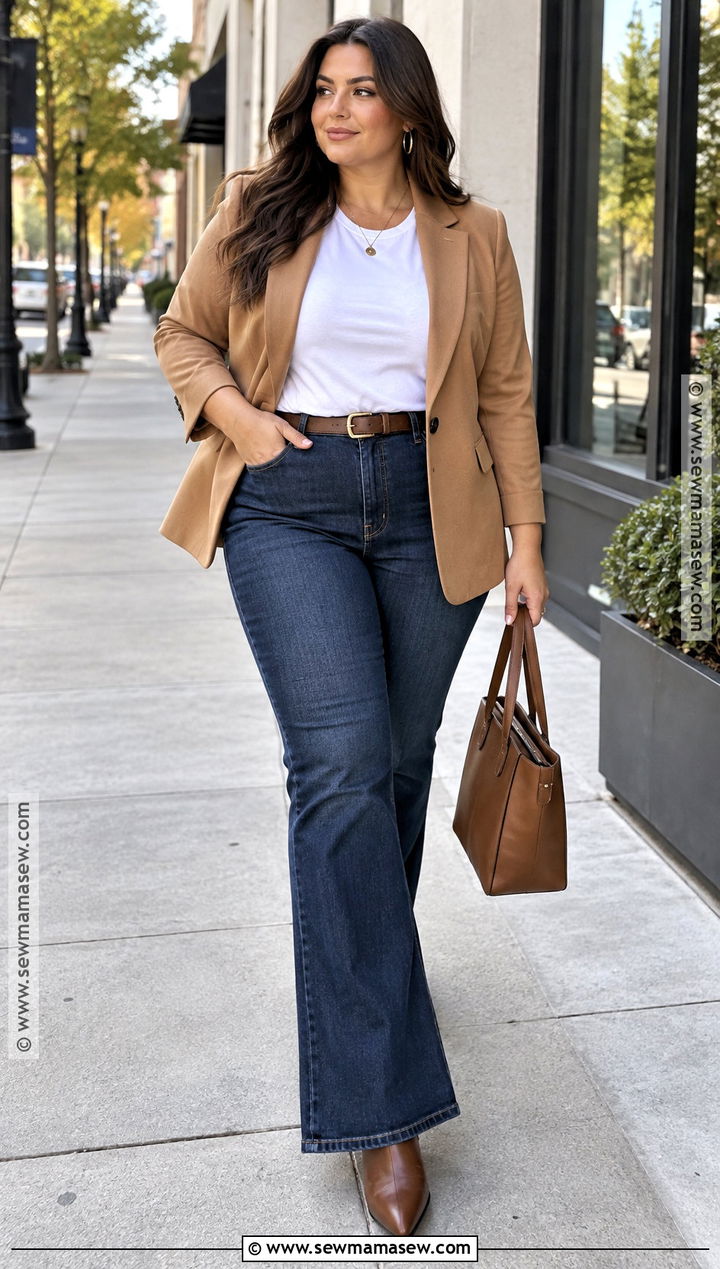 Curvy Fall Flare Jeans And Blazer Outfit - 20 curvy casual outfits fall
