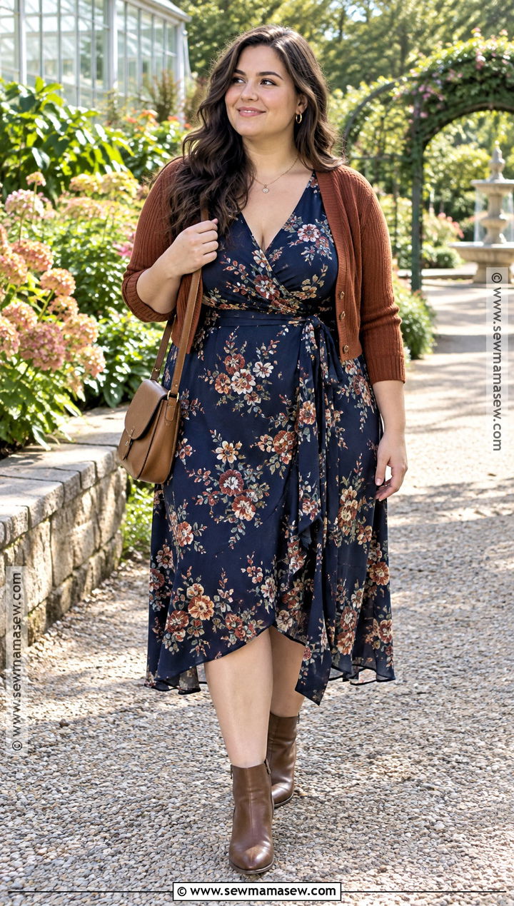Curvy Fall Floral Dress And Ankle Boots Outfit - 20 Curvy Outfits Fall