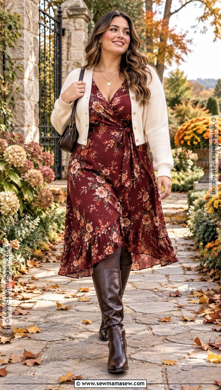 Curvy Fall Floral Midi Dress And Knee High Boots Outfit - 15 Fall Style 2026 Curvy Ideas
