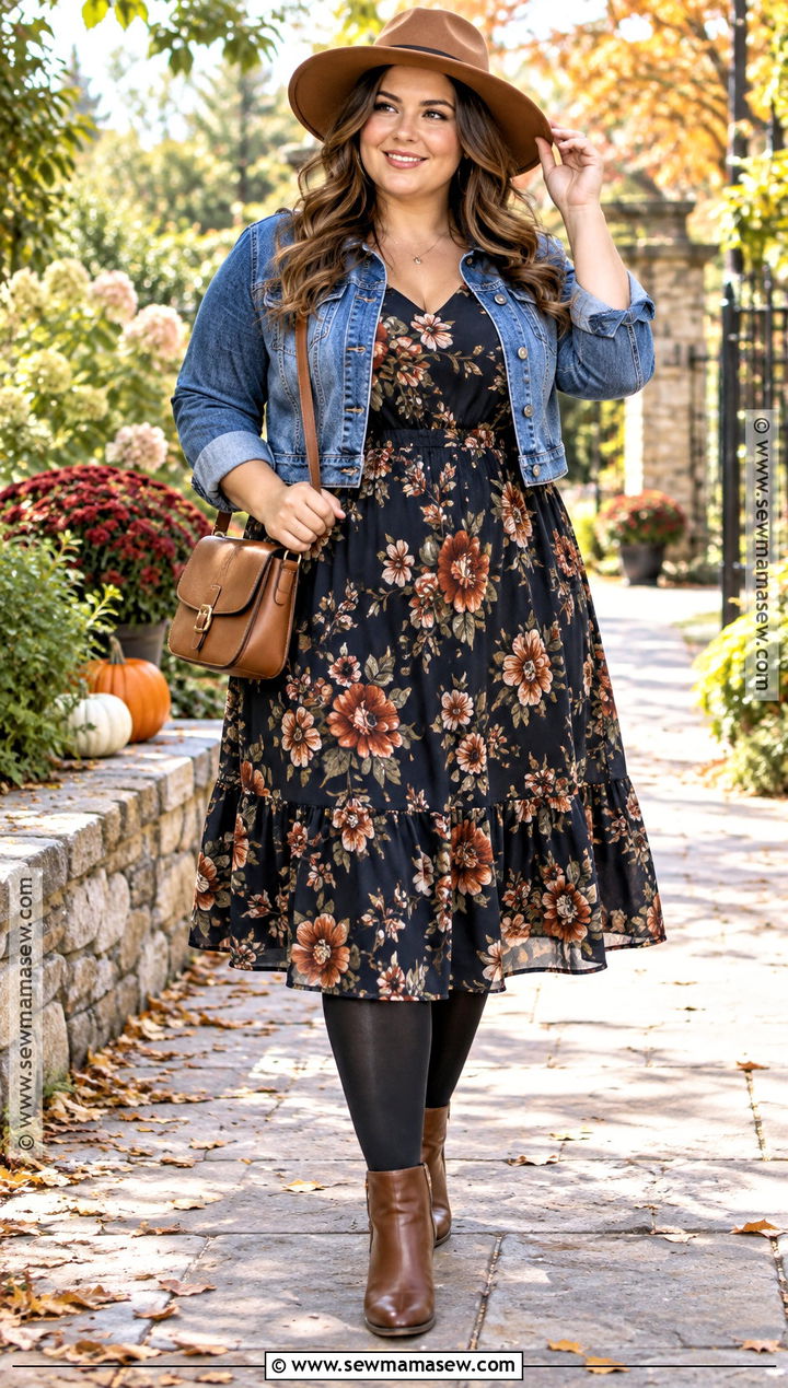 Curvy Fall Floral Midi Dress and Denim Jacket Outfit - 25 curvy fall outfits