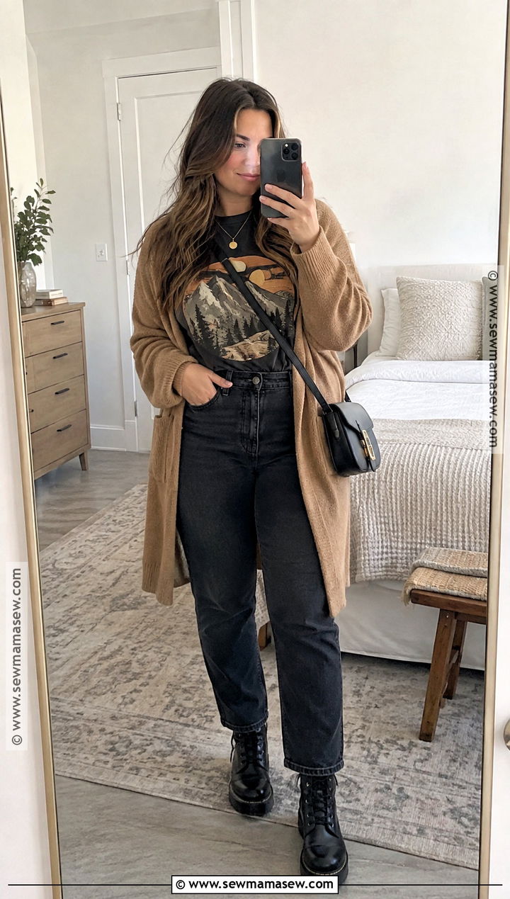 Curvy Fall Graphic Tee And Long Cardigan Outfit - 20 curvy casual outfits fall