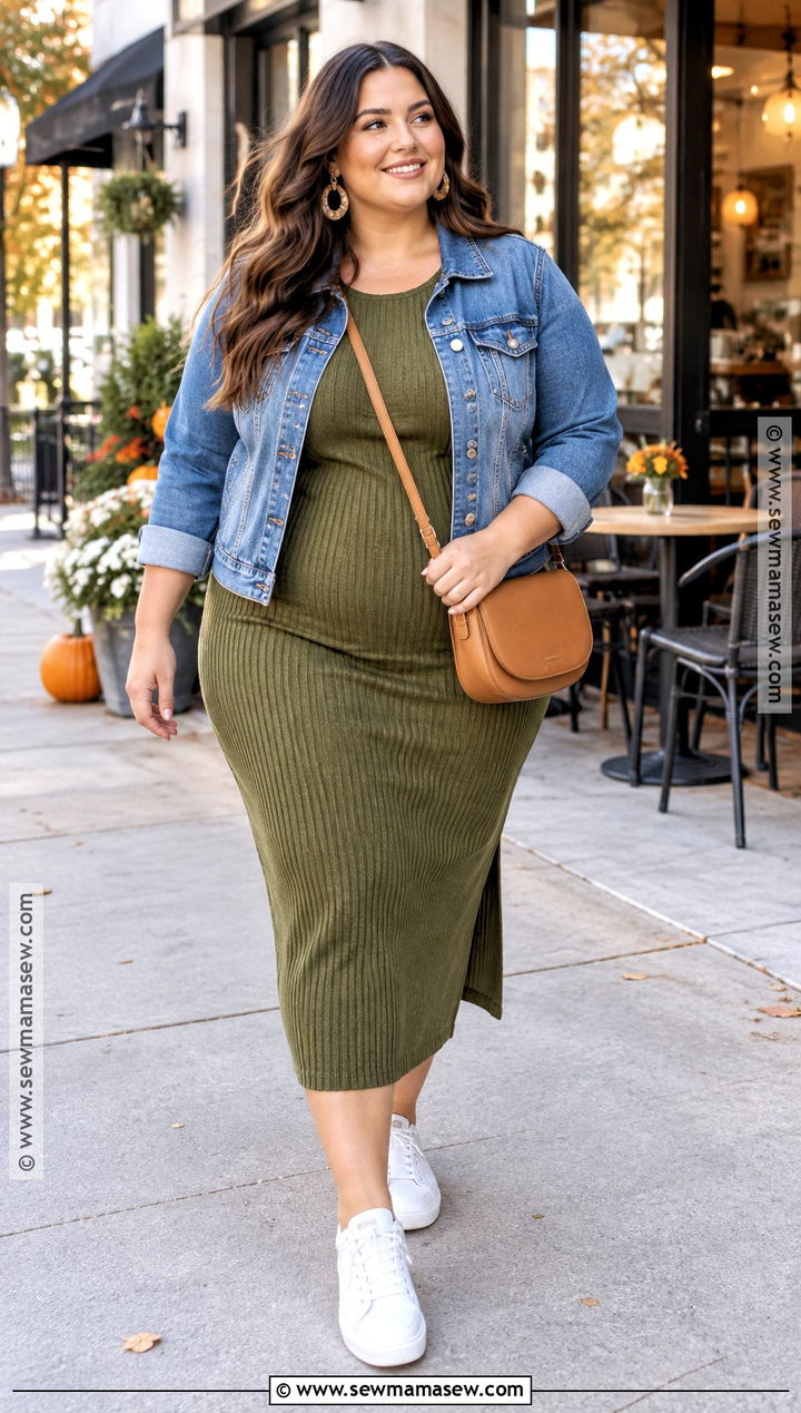 Curvy Fall Knit Dress And Denim Jacket Outfit - 15 Fall Style 2026 Curvy Ideas
