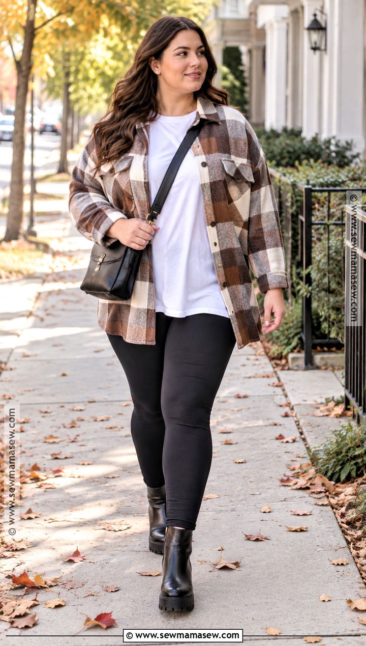 Curvy Fall Leggings and Shacket Outfit - 25 curvy fall outfits