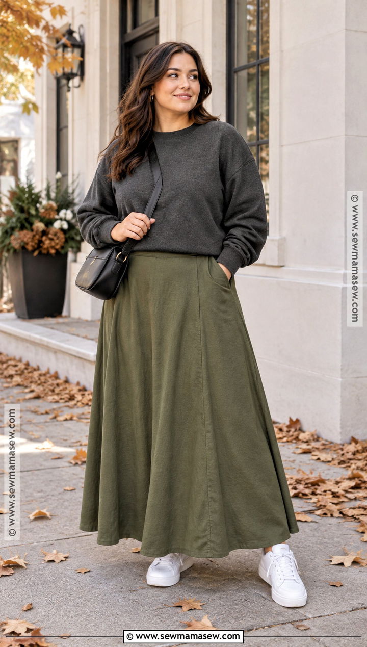 Curvy Fall Maxi Skirt And Sweatshirt Outfit - 20 curvy casual outfits fall