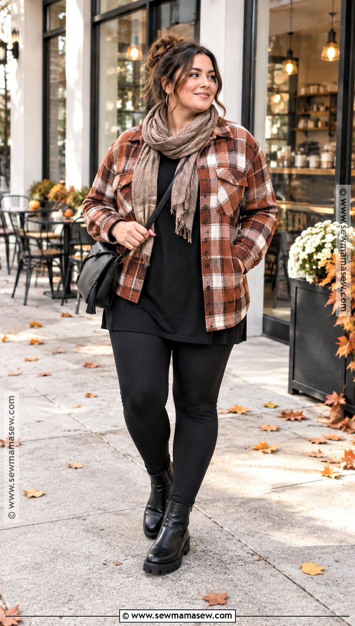 Curvy Fall Outfit With Plaid Shacket And Leggings - 15 curvy fall outfits 2026