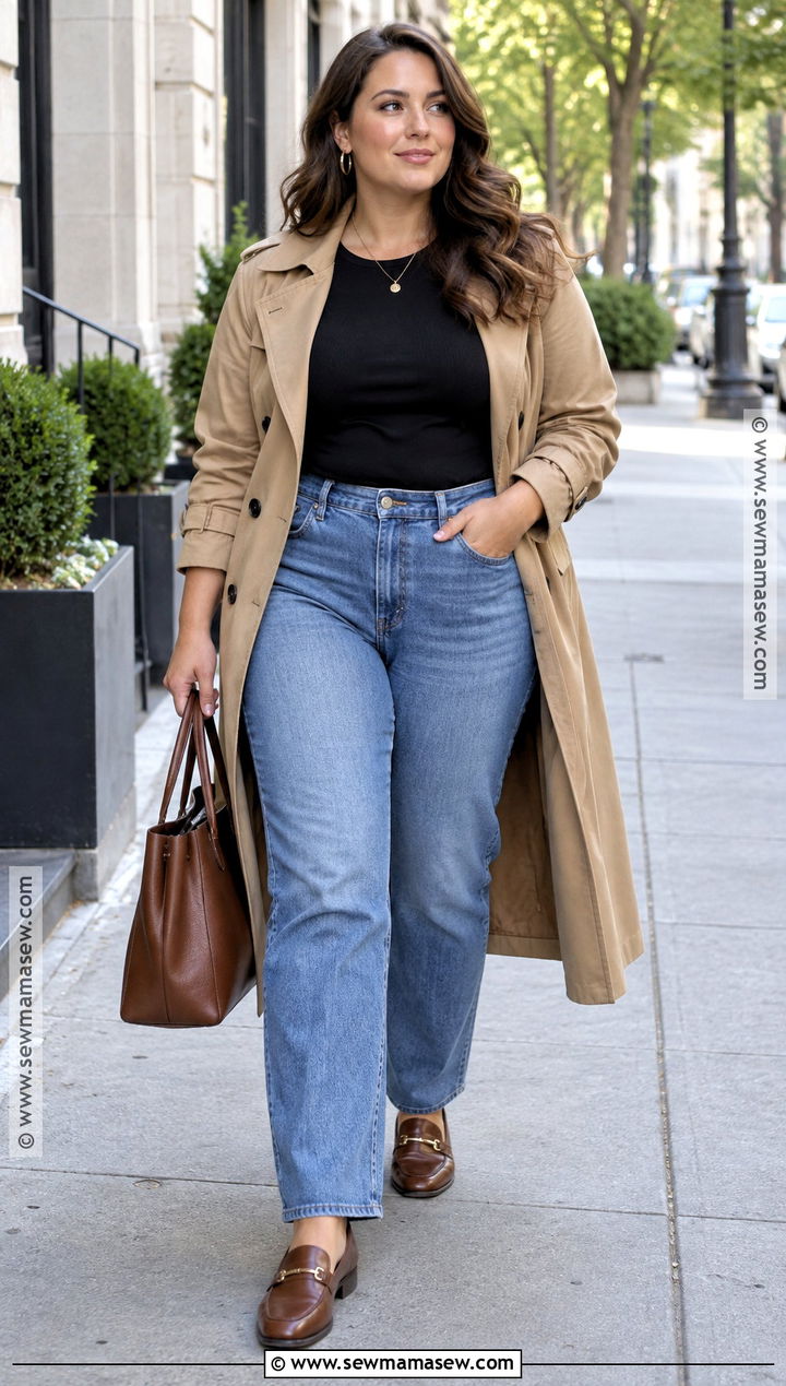 Curvy Fall Outfit With Trench Coat And Straight Leg Jeans - 15 curvy fall outfits 2026