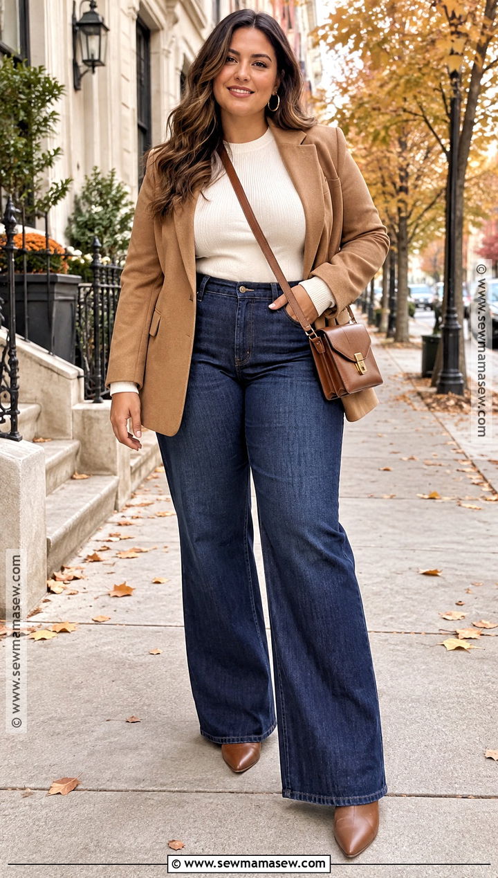 Curvy Fall Outfit With Wide Leg Jeans and Blazer - 25 curvy fall outfits