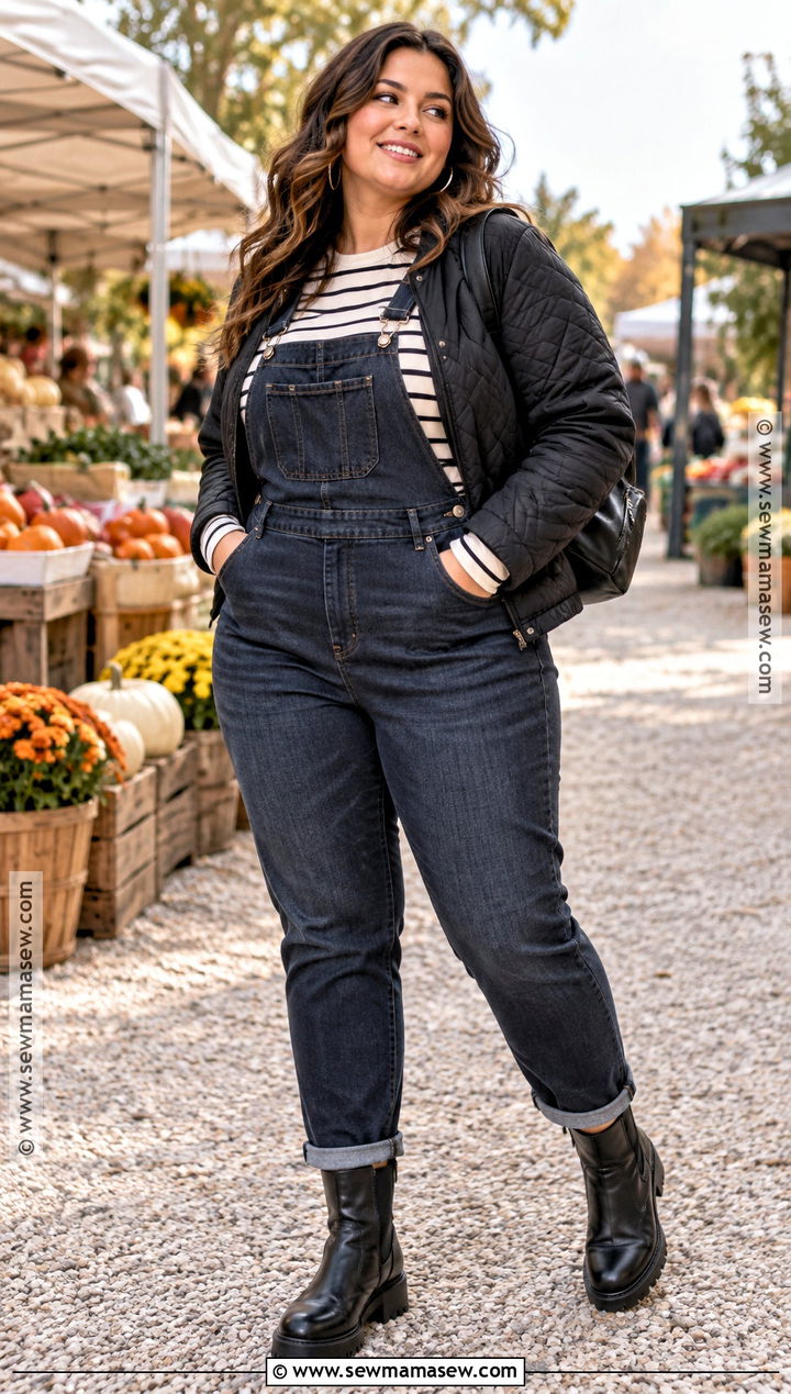 Curvy Fall Overalls and Striped Shirt Outfit - 25 curvy fall outfits