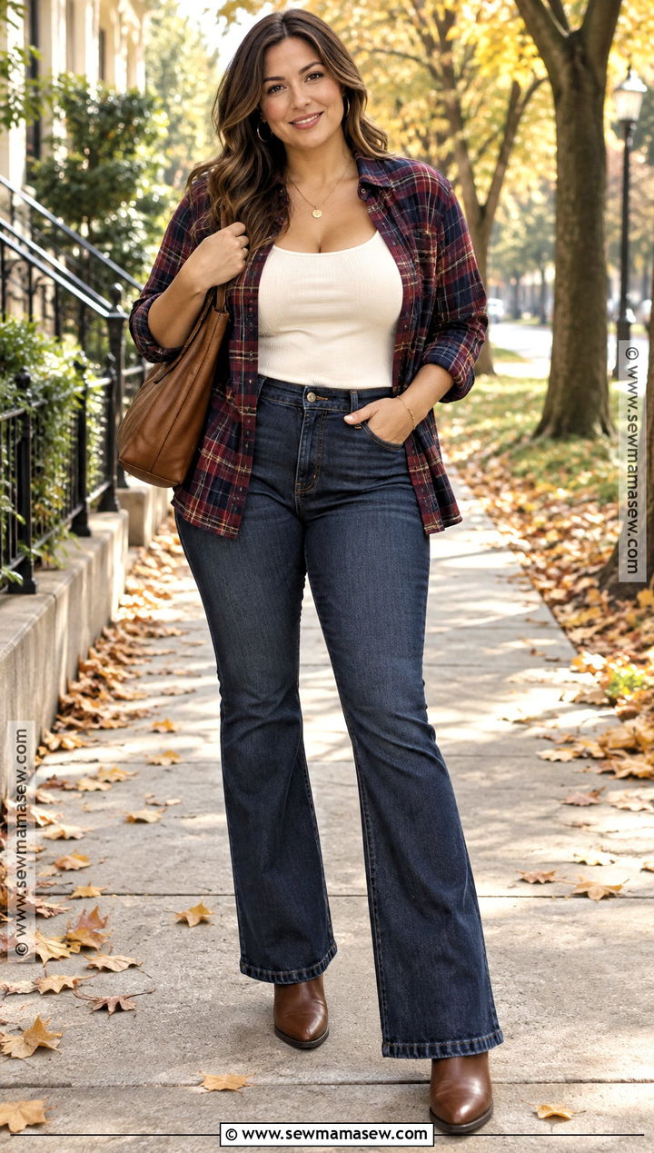 Curvy Fall Plaid Shirt And Bootcut Jeans Outfit - 20 Curvy Outfits Fall