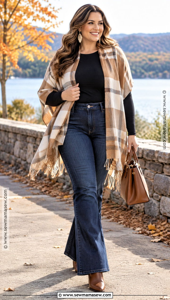 Curvy Fall Poncho Outfit With Flare Jeans - 15 fall fashion ideas for curvy women