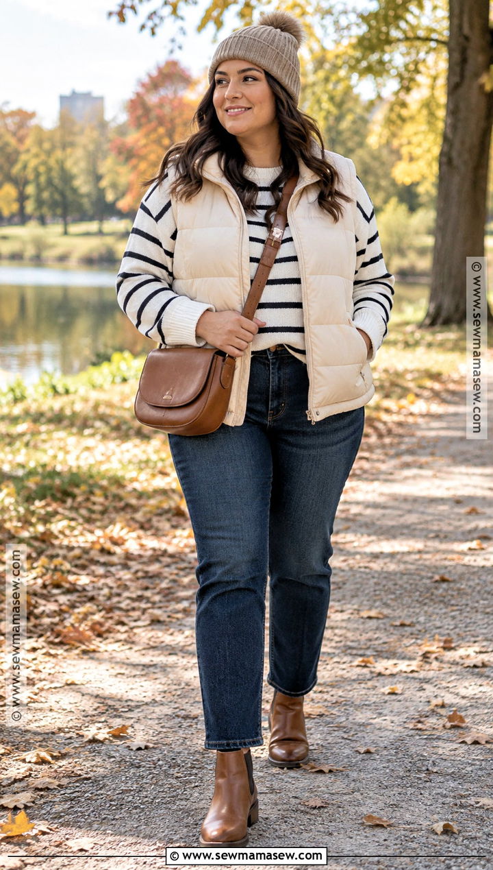 Curvy Fall Puffer Vest And Straight Leg Jeans Outfit - 20 Curvy Outfits Fall