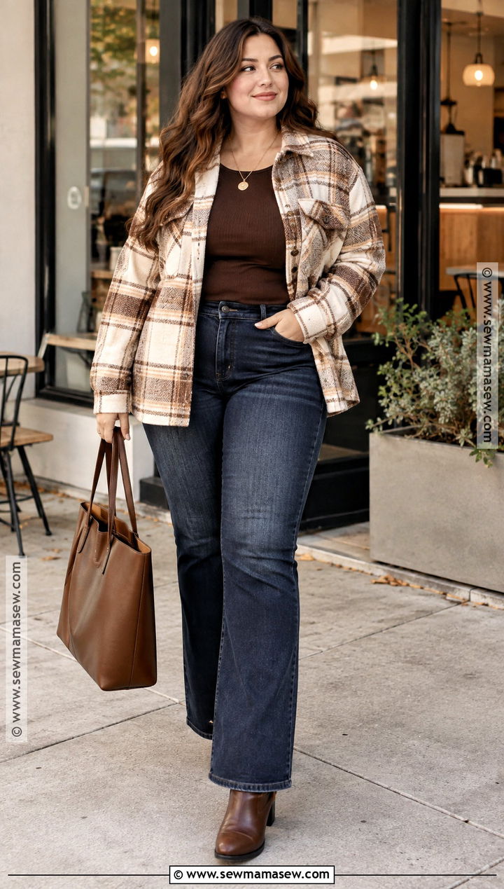 Curvy Fall Shacket And Bootcut Jeans Outfit - 15 Fall Style Curvy Ideas
