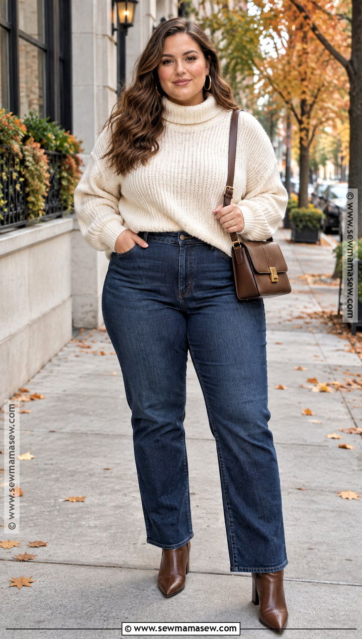 Curvy Fall Sweater And Straight Leg Jeans Outfit - 15 Fall Style 2026 Curvy Ideas