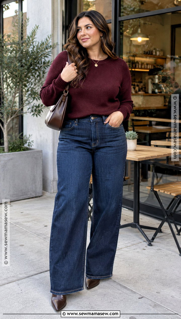 Curvy Fall Sweater And Wide Leg Jeans Outfit - 15 Fall Style Curvy Ideas