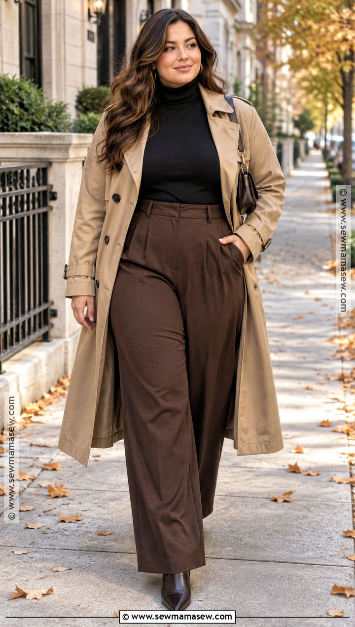 Curvy Fall Trench Coat Outfit With Wide Leg Pants - 15 fall fashion ideas for curvy women