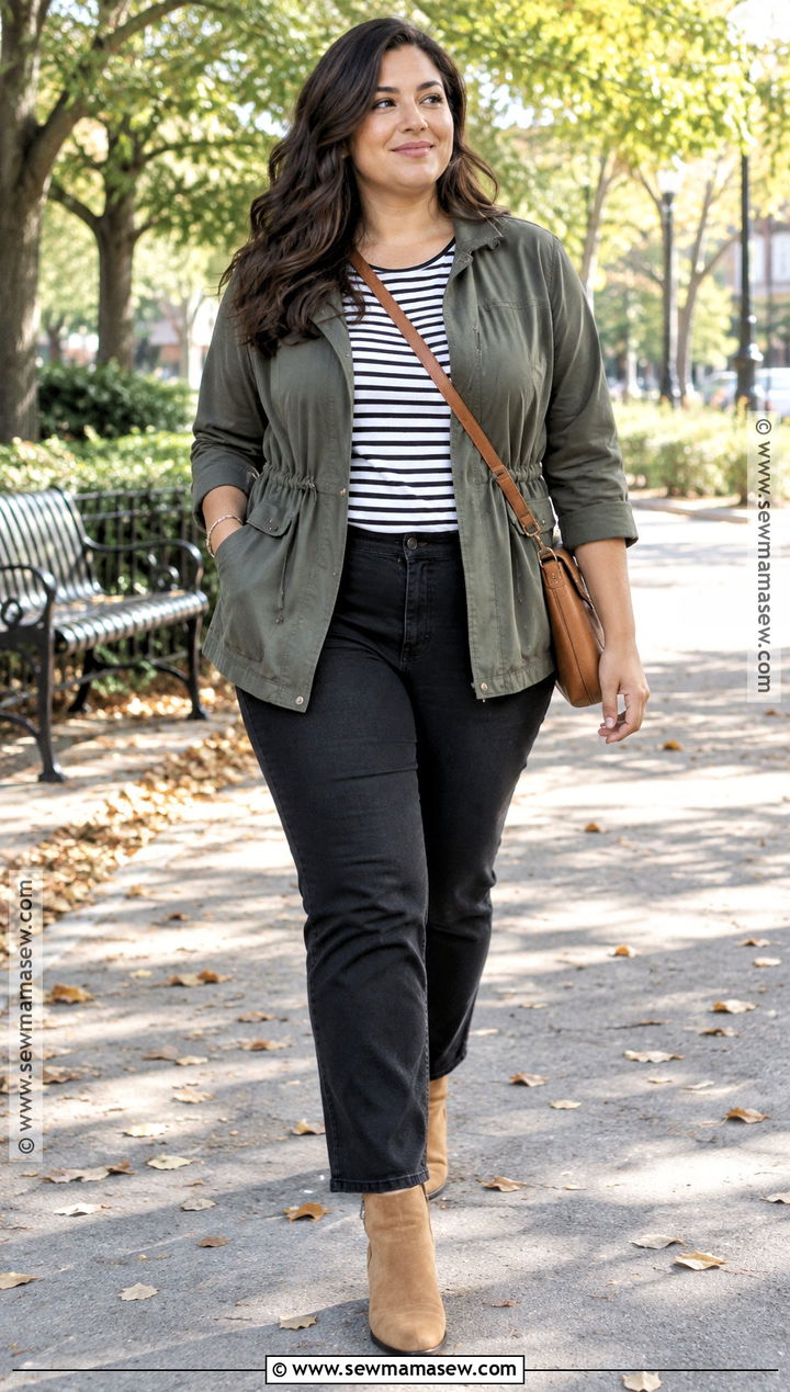 Curvy Fall Utility Jacket and Black Jeans Outfit - 25 curvy fall outfits