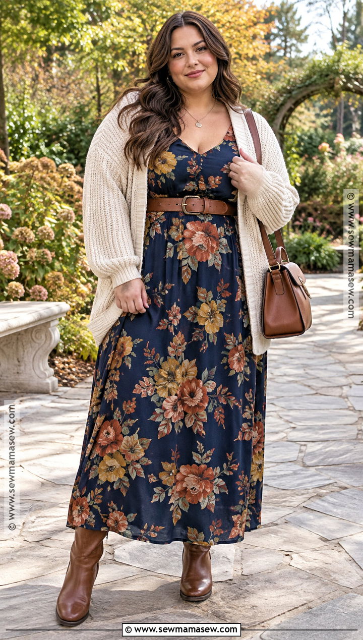 Curvy Floral Maxi Dress And Cardigan Outfit - 20 fall curvy outfits