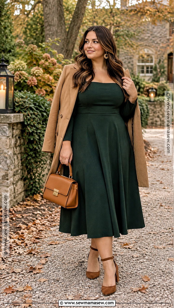 Curvy Forest Green Fit And Flare Dress Outfit - 15 Curvy Dress Wedding Guest Fall Ideas